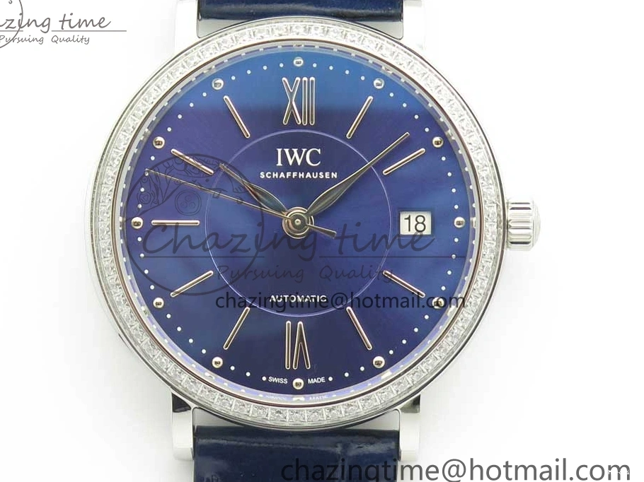 MIROTIME 1224 Fashionable Portofino IW458101 Diamond Bezel SS MK 1:1 Best Edition Blue Dial On Blue Leather Strap MIYOTA 7169